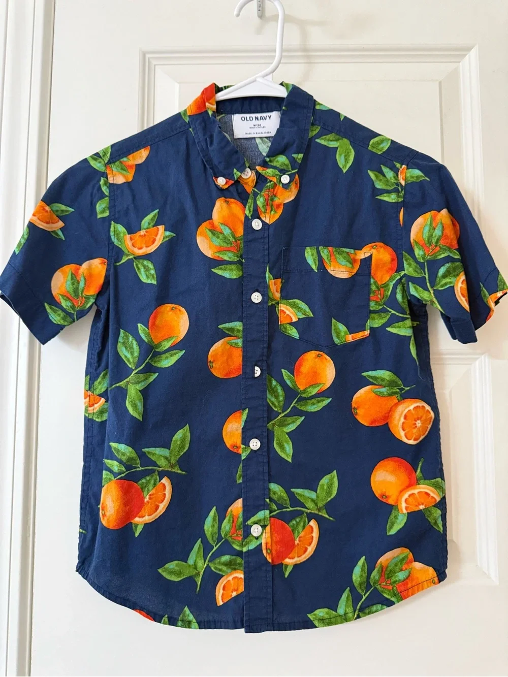 Old Navy Kids Navy Short-Sleeve Orange Print Shirt Button Down Shirt Size Medium